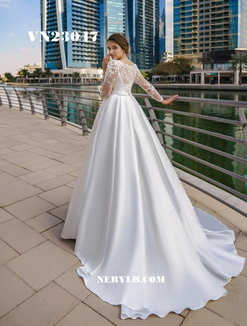 VN23047 Modest wedding dress long sleeve / Vestido de novia Modesto de manga larga satin