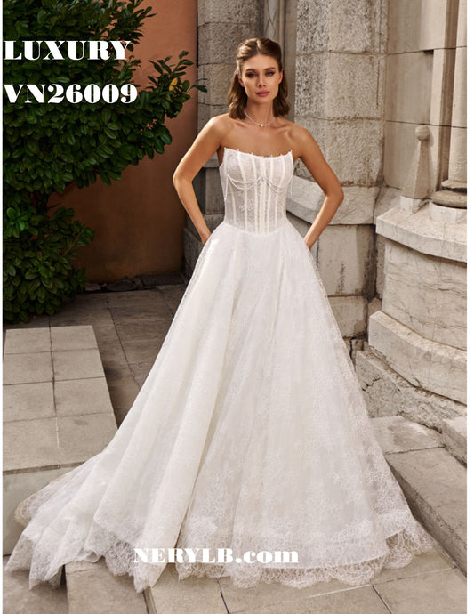 VN26009 Luxury dress sleeveless / Lujoso Vestido de Novia sin mangas
