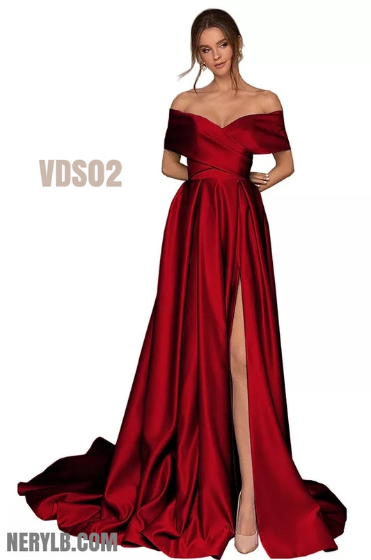 VDS02 Bridesmaid dress off shoulder satin/ Vestido Dama satin hombros descubiertos