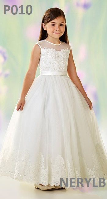 P010 Pure White Flower Girl Dress/ Vestido de Niña Blanco Puro