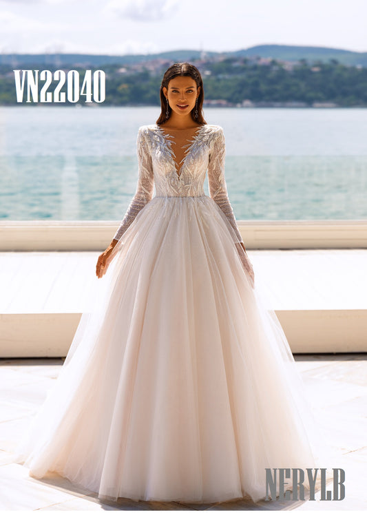 VN22040 Elegant Long Sleeve / Vestido de Novia Manga Larga