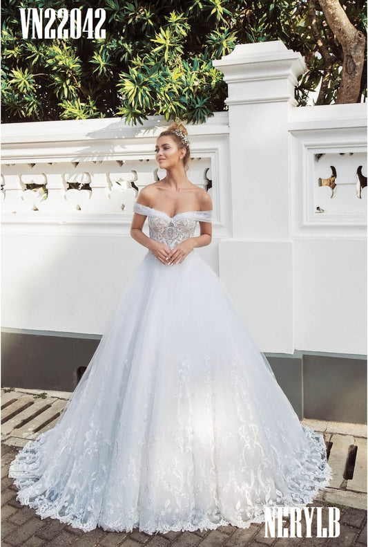 VN22042 Off shoulder Wedding Dress / Vestido de novia hombros descubiertos