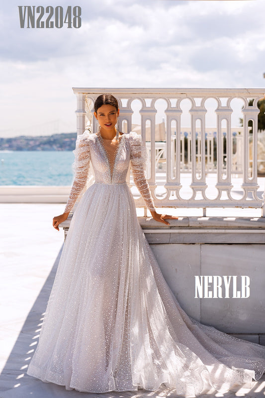 VN22048 Elegant long sleeve Wedding dress / Vestido de Novia manga larga