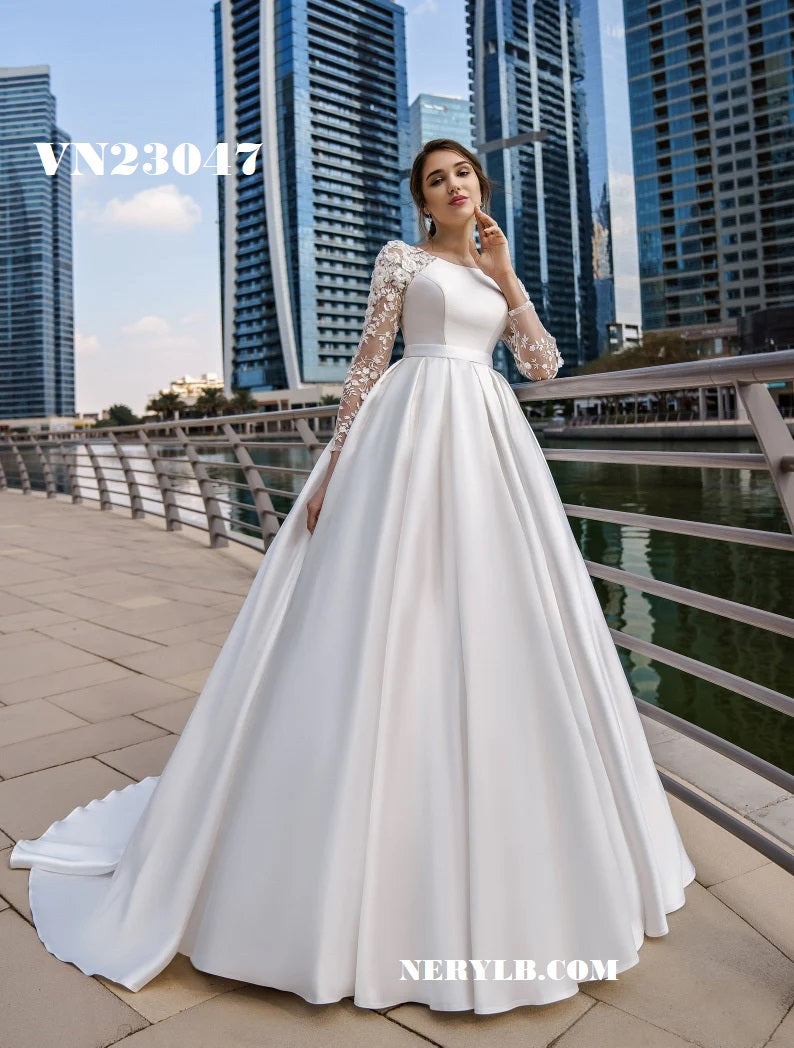 VN23047 Modest wedding dress long sleeve / Vestido de novia Modesto de manga larga satin