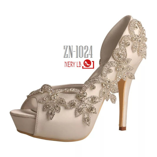 Open Toe Rhinestone Embellished Bridal Pupms/ Hermosas Zapatillas con Cristales Punta Abierta ZN-1024